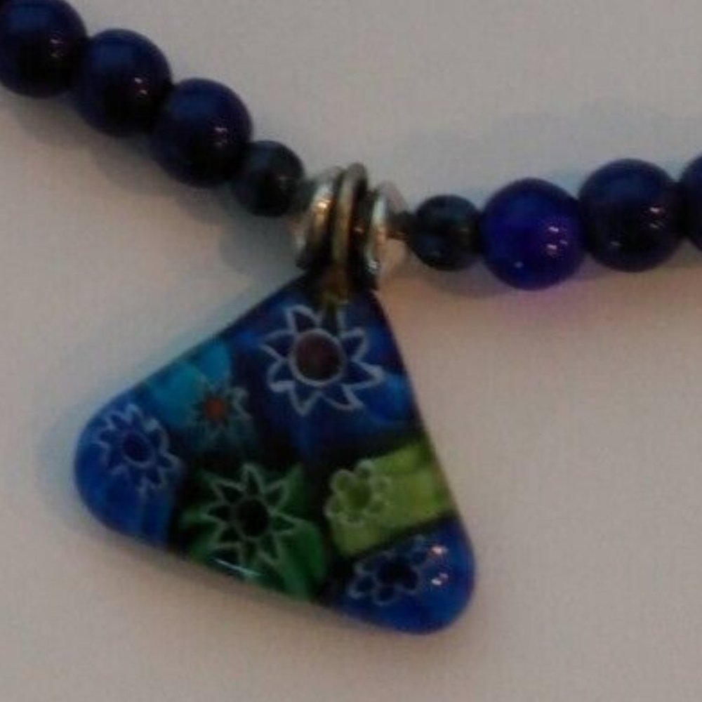 Blues Greens Triangle Pendant Beaded Necklace